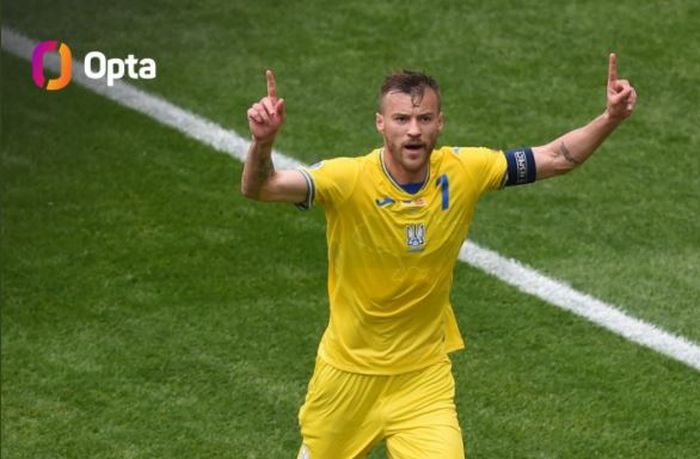 Kapten timnas Ukraina, Andriy Yarmolenko, merayakan gol ke gawang timnas Makedonia Utara dalam matchday kedua babak penyisihan Grup C EURO 2020, Kamis (17/6/2021).