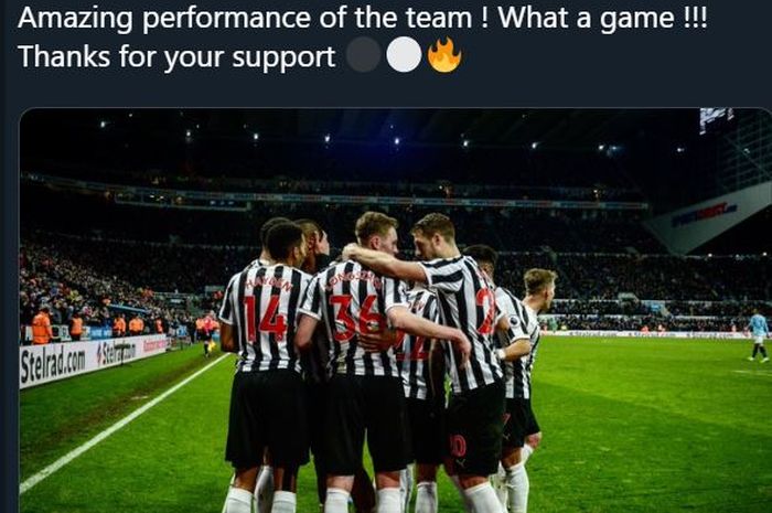 Unggahan twitter bek Newcastle, Florian Lejeune usai kemenangan vs Manchester City.