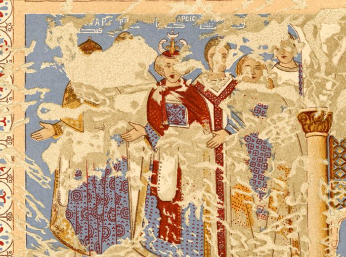 Sebuah lukisan di Qasr Amra, Yordania yang memuat potret Kaisar Roderic dari Visigoth. Dia adalah raja terakhir Visigoth di Semenanjung Iberia sebelum akhirnya ditaklukkan Kekaisaran Umayyah.
