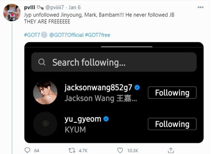 Unggahan netizen saat membuktikan bahwa J.Y.Park telah unfollow Instagram Bambam, Jinyoung, dan Mark.