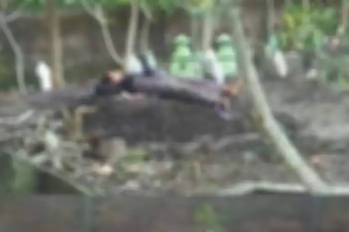 Seorang ibu tidur di atas makam anaknya