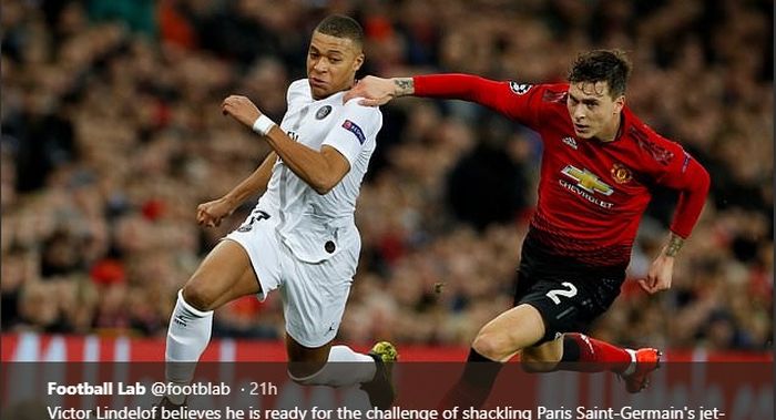 Victor Lindelof mengejar Kylian Mbappe dalam laga leg pertama 16 besar Liga Champions