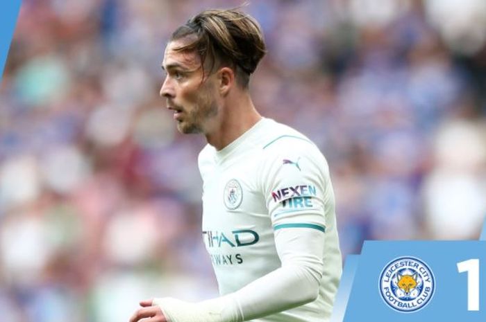 Ekspresi winger Manchester City, Jack Grealish, dalam laga Community Shield kontra Leicester City di Stadion Wembley, Sabtu (7/8/2021).