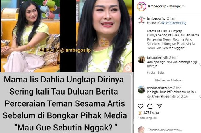 Postingan akun IG @lambegosiip soal Iis Dahlia