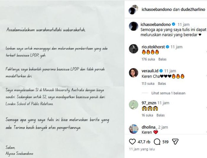 Alyssa Soebandono bantah dirinya penerima beasiswa LPDP