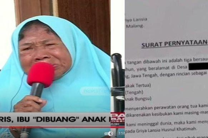 Trimah, seorang ibu yang ditelantarkan ketiga anaknya di Griya Lansia, Malang, Jawa Timur karena alasan kesibukan.