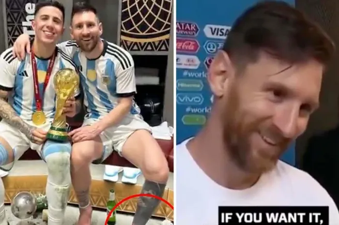 (Foto Kiri) Enzo Fernandez dan Lionel Messi berpose dengan trofi Piala Dunia 2022. (Foto Kanan) Lionel Messi saat menerima pita keberuntungan dari seorang jurnalis di Piala Dunia 2018.