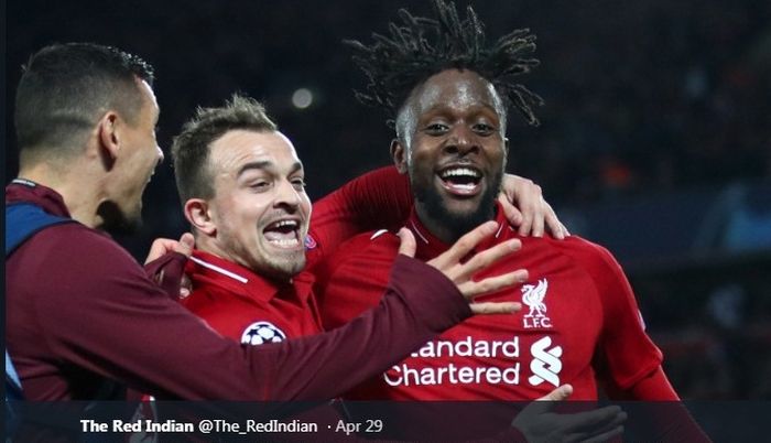 Striker Liverpool, Divock Origi, berselebrasi seusai menjebol gawang Barcelona pada semfinal Liga Champions, 7 Mei 2019.