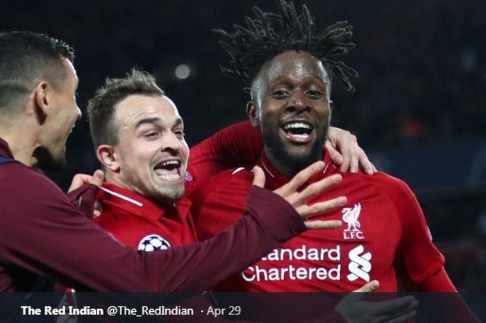 Striker Liverpool, Divock Origi, berselebrasi seusai menjebol gawang Barcelona pada semfinal Liga Champions, 7 Mei 2019.