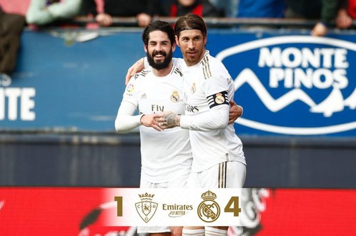 Isco dan Sergio Ramos merayakan kemenangan Real Madrid atas Osasuna, Minggu (9/2/2020).