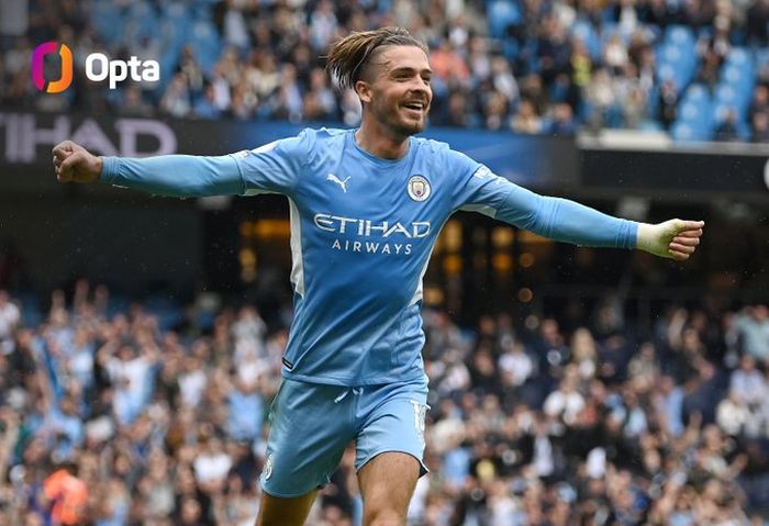 Gelandang serang Manchester City, Jack Grealish, saat mencetak gol ke gawang Norwich City di Stadion Etihad dalam laga pekan kedua Liga Inggris 2021-2022 pada Sabtu (21/8/2021), pukul 21.00 WIB.