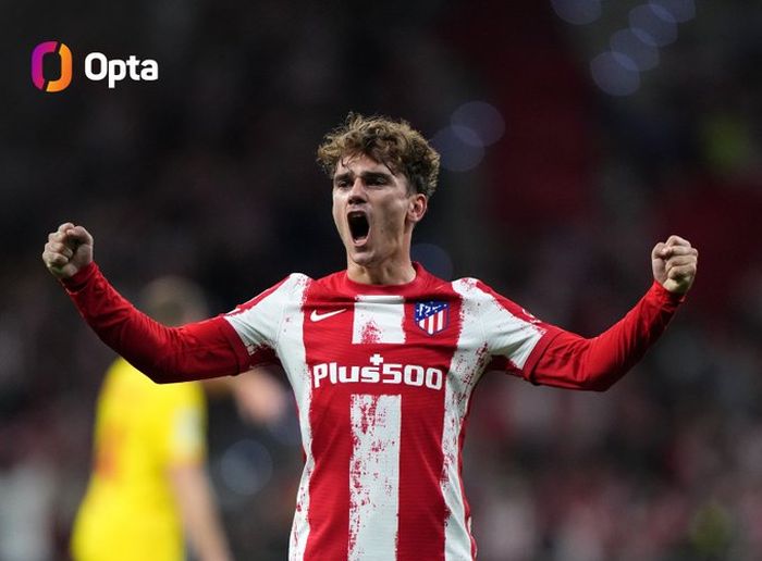 Penyerang Atletico Madrid, Antoine Griezmann, merayakan gol ke gawang Liverpool dalam matchday ketiga Grup B Liga Champions 2021-2022 di Estadio Wanda Metropolitano pada Selasa (19/10/2021) waktu setempat atau Rabu pukul 02.00 WIB.