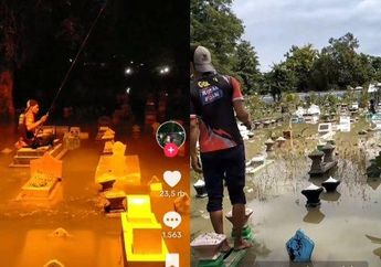 Di Luar Nurul! Pria Ini Mancing Ikan di Kuburan yang Tergenang Air Gegara Banjir, Santuy Duduk di Atas Nisan Saat Malam Hari: Gak Bahaya Ta