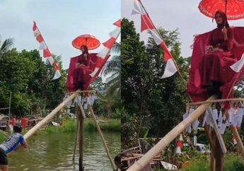 Viral Video Lomba Panjat Pinang di Cianjur Berhadiah Janda, Wanita Berbaju Merah Menunggu di Puncak Tiang, Netizen Auto Heboh