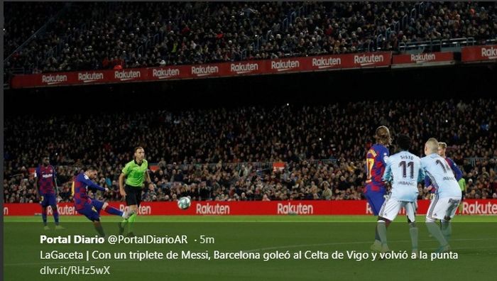 Megabintang Barcelona, Lionel Messi, mencetak gol freekick ke gawang Celta Vigo di Camp Nou, Sabtu (9/11/2019).