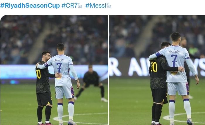 Lionel Messi dan Cristiano Ronaldo sebelum bertanding di Riyadh Season Cup 2023.