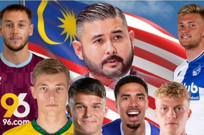 Tokoh reformasi sepak bola Malaysia, Tunku Ismail Idris (tengah atas), bersama beberapa pemain keturunan Malaysia yang diincar untuk memperkuat Harimau Malaya.