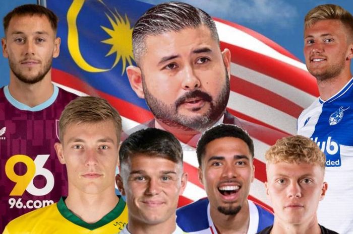 Tokoh reformasi sepak bola Malaysia, Tunku Ismail Idris (tengah atas), bersama beberapa pemain keturunan Malaysia yang diincar untuk memperkuat Harimau Malaya.