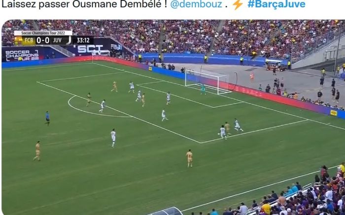 Aksi Ousmane Dembele dalam laga pramusim Barcelona vs Juventus di Dallas, Rabu (27/7/2022) pagi WIB.