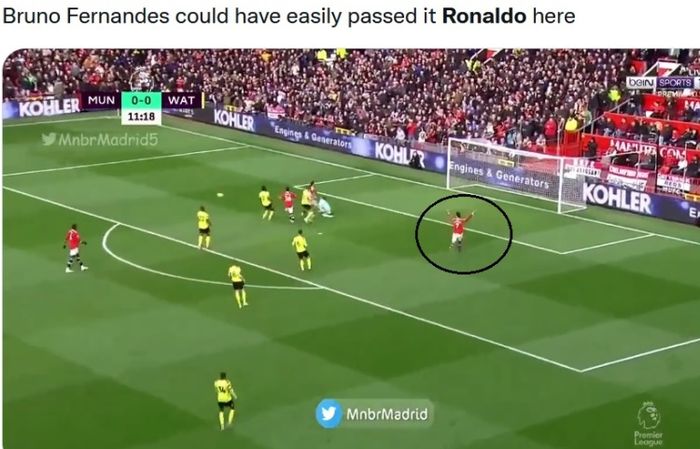 Momen saat Bruno Fernandes tidak mengoper ke Cristiano Ronaldo.