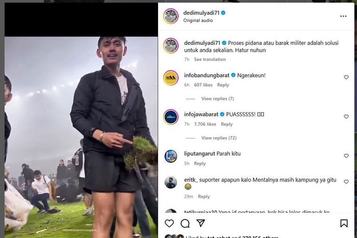 Video postingan Dedi Mulyadi soal aksi bobotoh fans Persib yang berbuat onar di stadion akan dimasukkan ke barak militer 