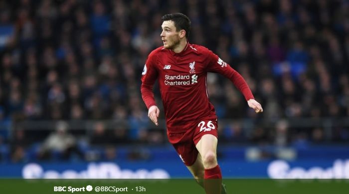 Bek kiri Liverpool, Andy Robertson saat melawan Everton di Goodison Park, Minggu (3/3/2019).