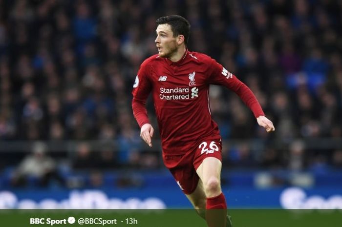 Bek kiri Liverpool, Andy Robertson saat melawan Everton di Goodison Park, Minggu (3/3/2019).