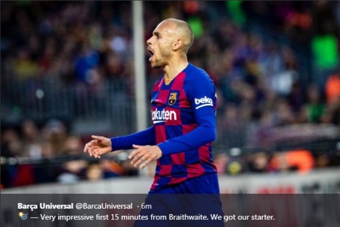 Ekspresi striker Barcelona, Martin Braithwaite, dalam  laga Liga Spanyol kontra Real Sociedad di  Camp Nou, Sabtu (7/3/2020).