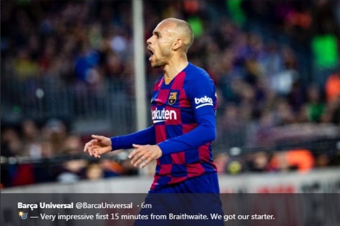 Striker Barcelona, Martin Braithwaite, dalam  laga kontra Real Sociedad di  Camp Nou, Sabtu (7/3/2020).