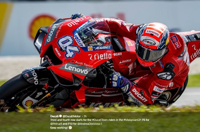 Pembalap Ducati, Andrea Dovizioso saat tampil pada babak kualifikasi MotoGP Malaysia 2019, Sabtu (2/11/2019)