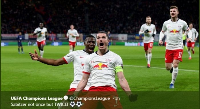 Penyerang RB Leipzig, Marcel Sabitzer, melakukan selebrasi seusai menjebol gawang Tottenham Hotspur di Red Bull Stadium, Selasa (10/3/2020).