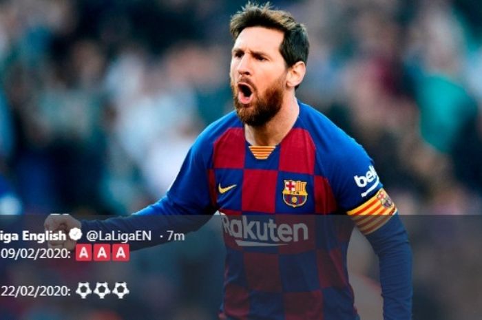 Megabintang Barcelona, Lionel Messi, berselebrasi seusai menjebol gawang Eibar dalam laga di Camp Nou, Sabtu (22/2/2020).