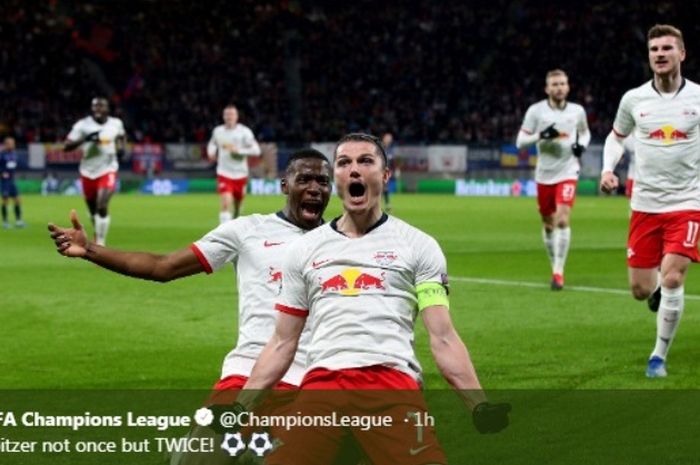 Penyerang RB Leipzig, Marcel Sabitzer, melakukan selebrasi seusai menjebol gawang Tottenham Hotspur di Red Bull Stadium, Selasa (10/3/2020).