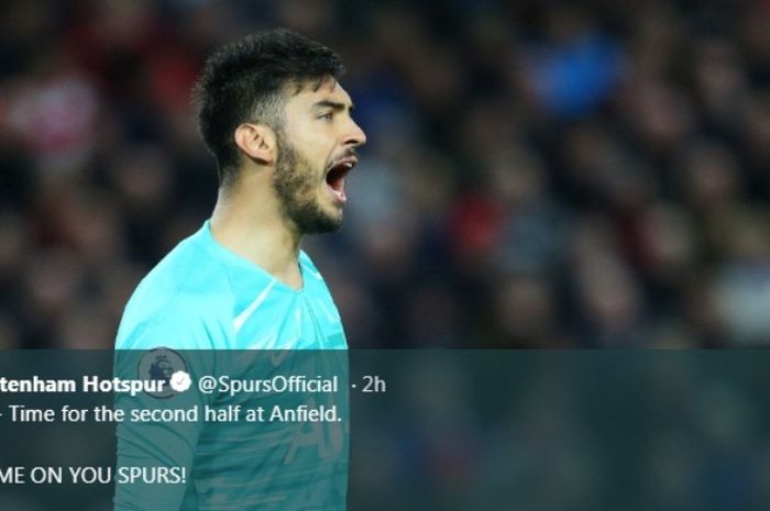 Kiper Tottenham Hotspur, Paulo Gazzaniga, dalam laga di kandang Liverpool di Anfield, Minggu (27/10/2019).