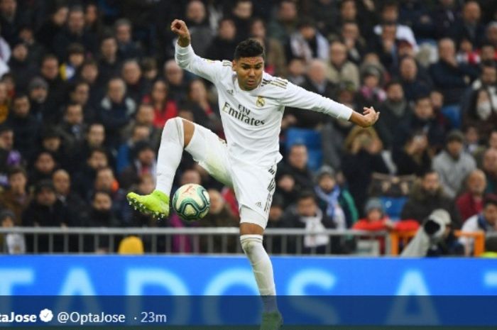 Aksi gelandang Real Madrid, Casemiro, dalam laga kotra Sevilla di Estadio Santiago Bernabeu, Sabtu (18/1/2020).