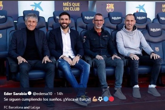 Eder Sarabia (kedua dari kiri) menjadi asisten pelatih Quique Setien di Barcelona.