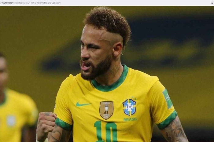 Striker timnas Braisl, Neymar, merayakan gol ke gawang Venezuela pada laga Copa America 2021.