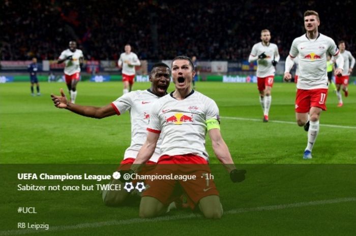 Penyerang RB Leipzig, Marcel Sabitzer, melakukan selebrasi seusai menjebol gawang Tottenham Hotspur di Red Bull Stadium, Selasa (10/3/2020).