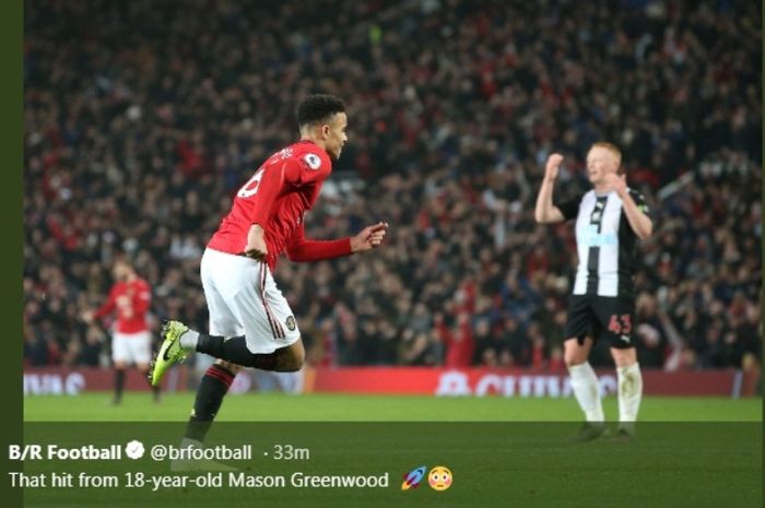 Pemain muda Manchester United, Mason Greenwood, menjebol gawang Newcastle United dalam laga di Old Trafford, Kamis (26/12/2019).