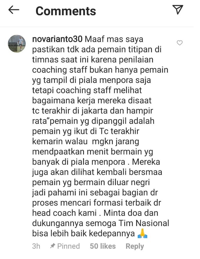 Nova Arianto menjawab isu pemain titipan di timnas Indonesia