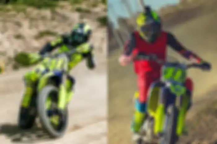 Valentino Rossi langsung ngegas motor berbeda selama dua hari beruntung. Main dirt track (kiri) dan motocross (kanan). Sampai bikin Maverick VInales iri