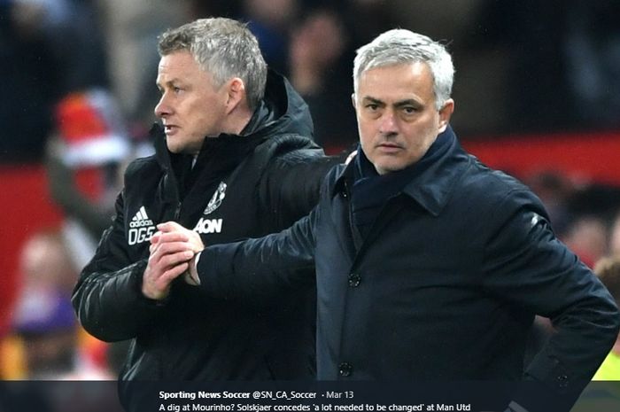 Pelatih Manchester United, Ole Gunnar Solskjaer, dan pelatih Tottenham Hotspur, Jose Mourinho, berjabat tangan kala keduanya bertemu pada laga Liga Inggris musim 2019-2020.