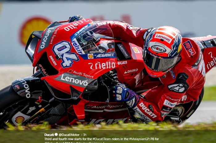 Pembalap Ducati, Andrea Dovizioso saat tampil pada babak kualifikasi MotoGP Malaysia 2019, Sabtu (2/11/2019)