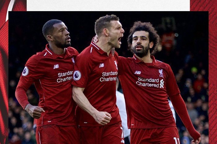 Pemain Liverpool, James Milner (tengah), merayakan gol yang dicetak ke gawang Fulham dalam laga Liga Inggris di Stadion Craven Cottage, Minggu (17/3/2019).