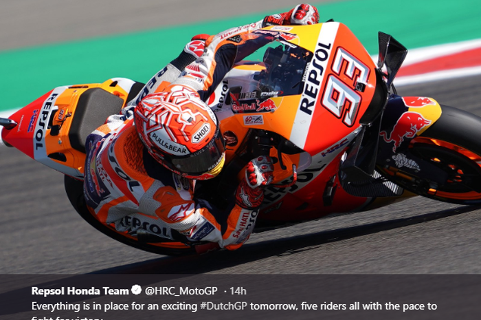 Pembalap Repsol Honda, Marc Marquez, saat melakoni sesi kualifikasi MotoGP Belanda 2019, di Sirkuit Assen, Sabtu (29/6/2019).