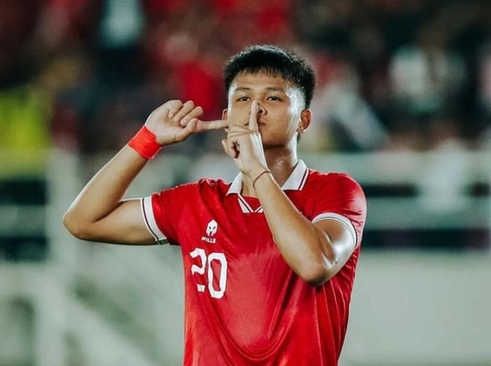 Selebrasi Hokky Caraka usai mencetak gol dalam laga Grup K Kualifikasi Piala Asia U-23 2023 antara timnas U-23 Indonesia vs Taiwan U-23 di Stadion Manahan, Solo, Jawa Tengah, Sabtu (9/9/2023).