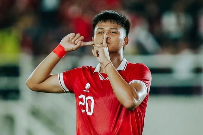 Selebrasi Hokky Caraka usai mencetak gol dalam laga Grup K Kualifikasi Piala Asia U-23 2023 antara timnas U-23 Indonesia vs Taiwan U-23 di Stadion Manahan, Solo, Jawa Tengah, Sabtu (9/9/2023).