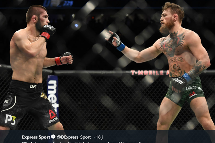 Khabib Nurmagomedov (kanan) dan Conor McGregor (kiri) saat keduanya saling berhadapan dalam ajang UFC 229 di T-Mobile Arena, Las Vegas, Nevada, AS, Oktober 2018.