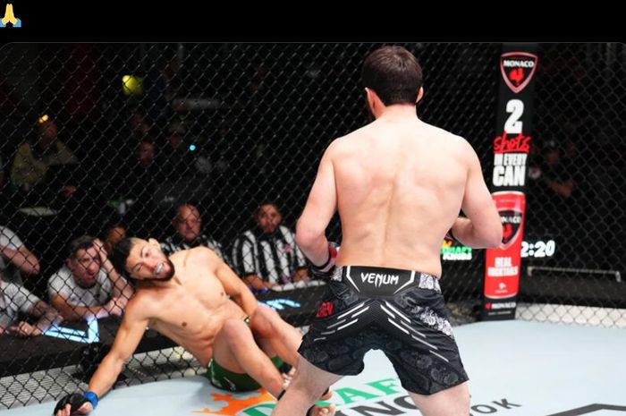 Momen gacoan Khabib Nurmagomedov, Magomed Ankalaev (berdiri) memukul KO lawannya Johnny Walker di UFC Vegas 84.