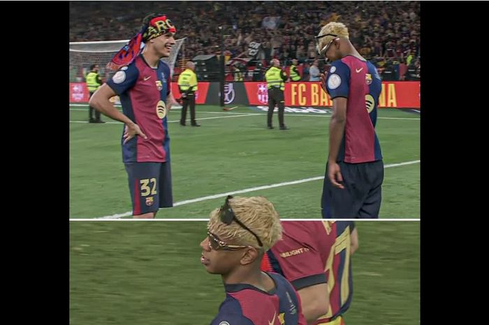 Lamine Yamal mengenakan dua kacamata dalam selebrasi Barcelona menjuarai Copa del Rey 2024-2025 seusai menekuk Real Madrid 3-2 di Sevilla, Sabtu waktu setempat atau Minggu, 27 April 2025 WIB.